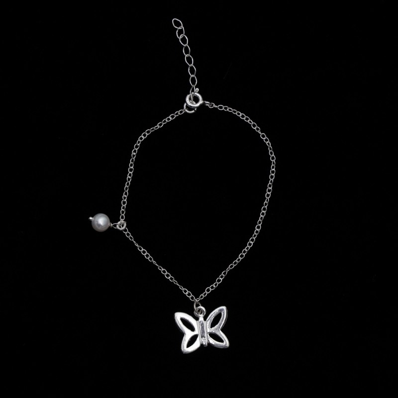 Silver bracelet with butterfly and pearl pendant