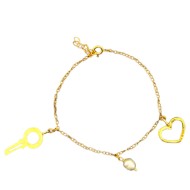 Gold plated bracelet with heart, key and pearl