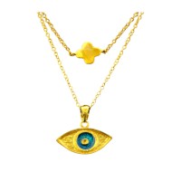 Gold plated double necklace with enameled eye and cross