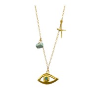 Gold plated necklace with eye, small cross and turquoise stone