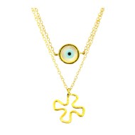 Gold plated double necklace with cross and round eye