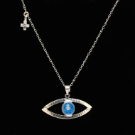Silver necklace with big eye and small cross