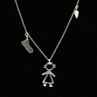 Silver necklace with little girl, foot and pearl