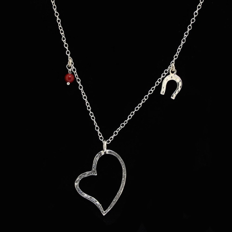 Silver necklace with heart, horseshoe and coral
