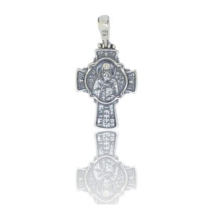 Silver two-sided cross with the crucifix and Saint Nektarios