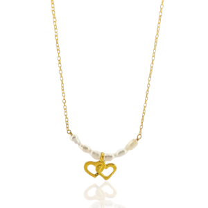 Silver necklace gold plated with real pearls and double heart in the center
