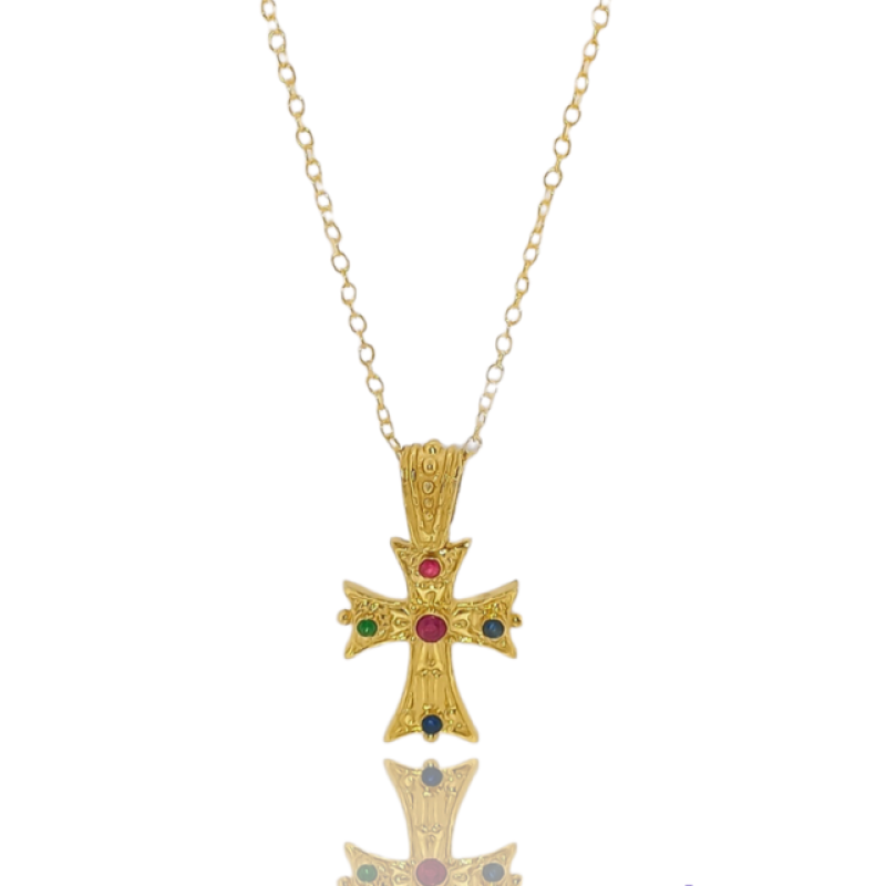 Necklace  with silver plated elaborate byzantine cross with multicolored stones 