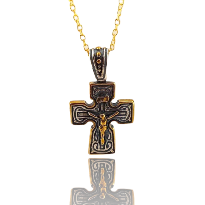 Necklace with two colour elaborate silver cross with crucifix and squared edges 