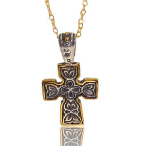 Necklace with two colour elaborate silver cross with crucifix and squared edges 