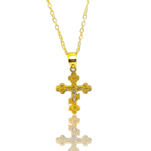 Necklace with silver distinctive gold plated cross with crucifix and stone