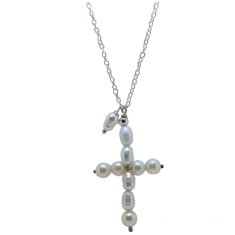 Silver chain with 925 silver cross with real pearls