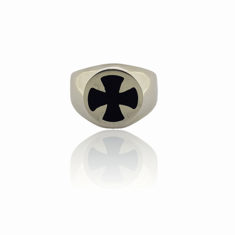 Silver round classic ring with cross in black enamel color