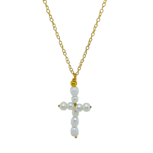 Silver gold plated chain with gold plated cross with real pearls