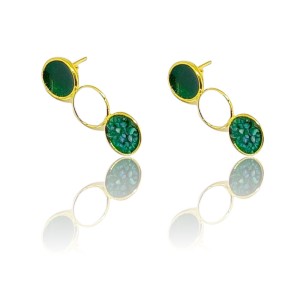Gold plated silver textured earrings with round cases, enamel and broken stones