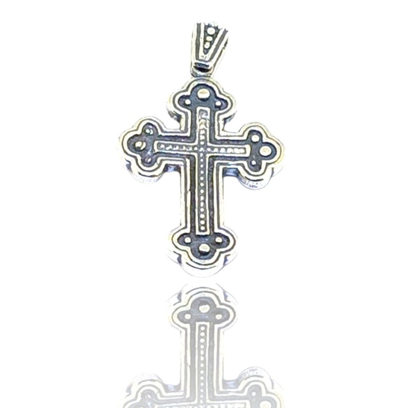 Ασημένιος κλασικός σταυρός δύο όψεων, με εσταυρωμένο και βυζαντινά σχέδια