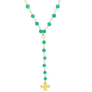 Silver rosary necklace gilded with emerald stones and hanging cross