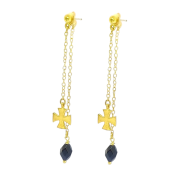 Silver gold plated chain hanging earrings, with black stone and cross