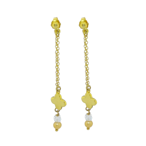 Silver gold plated chain hanging earrings with double pearl and cross