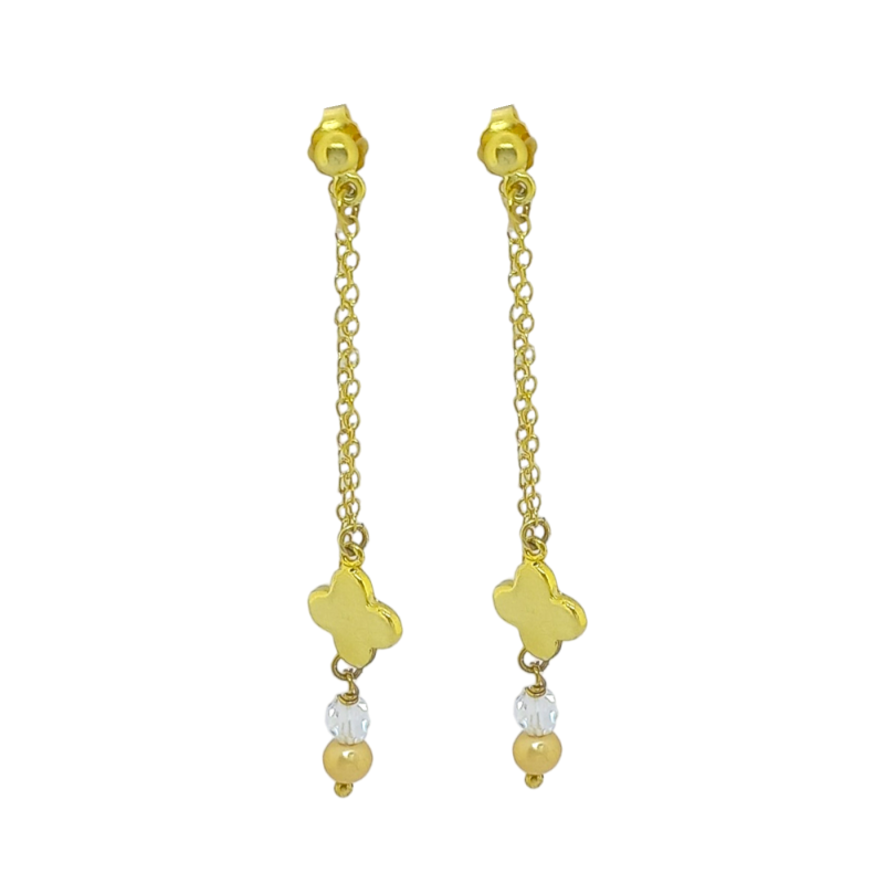 Ασημένια κρεμαστά σκουλαρίκια επιχρυσωμένα αλυσίδα, με διπλό μαργαριτάρι και σταυρουδάκι