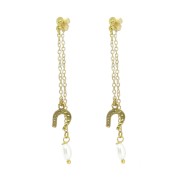 Silver gold plated chain hanging earrings, with pearl and horseshoe