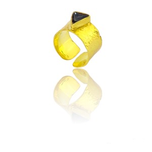 Silver forged one size gold-plated ring with ornate calf and triangle enamel case