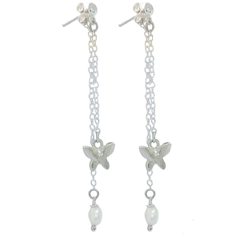 Silver chain hanging earrings with butterfly and pearl