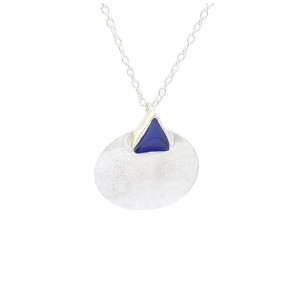 Silver chain with silver textured pendant with triangle enamel case